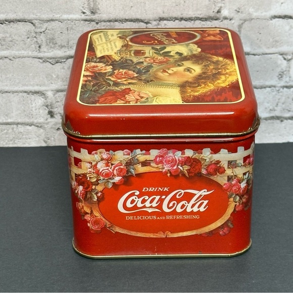 Coca-Cola Coke Vintage 6 in. Square Tin Decor Woman Floral Logo - Picture 2 of 13